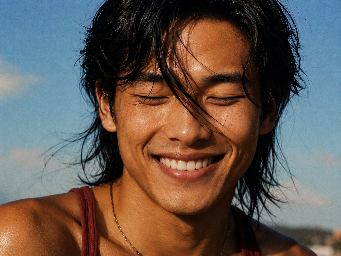 Sun-drenched portrait, healthy skin